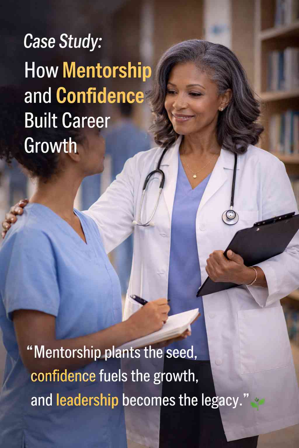 A senior doctor mentor rests a hand on a younger nurse’s shoulder as they talk warmly in a hospital corridor, under the heading ‘Case Study: How Mentorship and Confidence Built Career Growth’ and the quote ‘Mentorship plants the seed, confidence fuels the growth, and leadership becomes the legacy.’