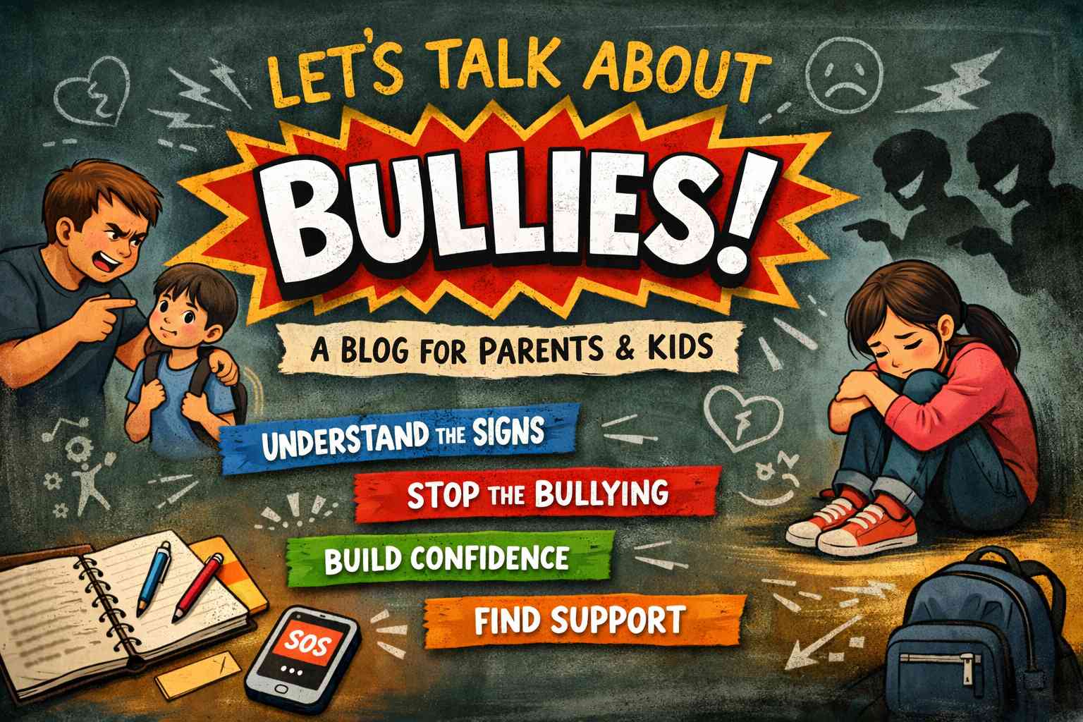 Short Image Description:
A bold blog graphic titled “Let’s Talk About Bullies!” featuring a comic-style design on a chalkboard background. It shows scenes of a child being bullied and another sitting alone and upset, with shadowy figures pointing. Colorful banners highlight key themes: Understand the Signs, Stop the Bullying, Build Confidence, and Find Support. School items and an SOS phone emphasize awareness and getting help.