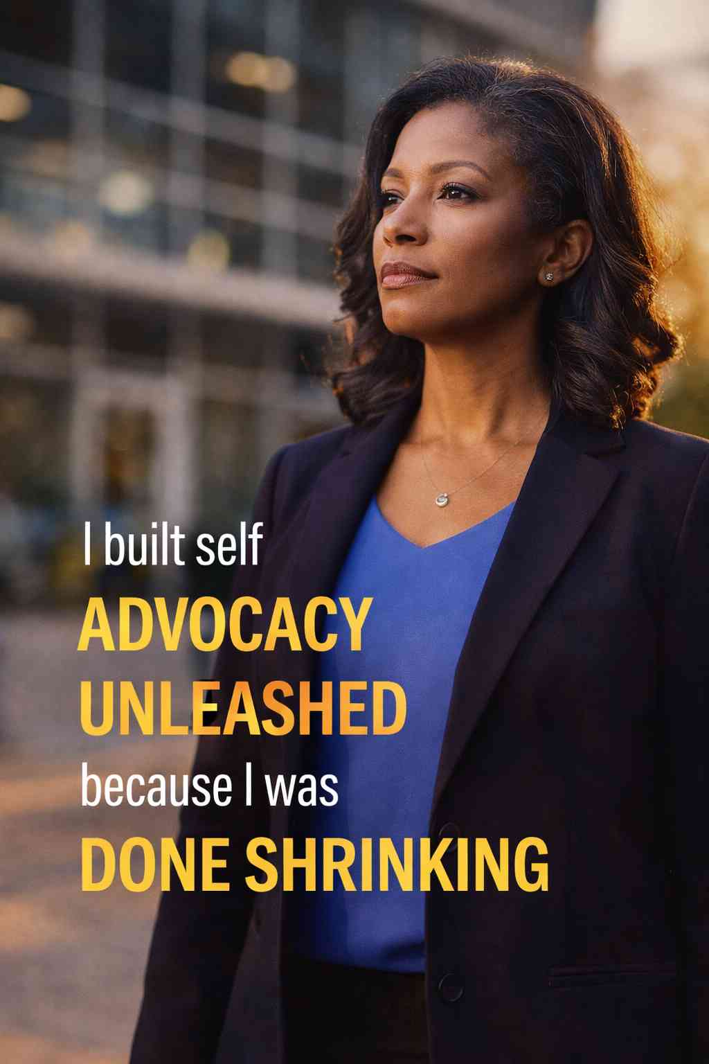 A confident woman in a blazer stands outdoors in golden evening light beside the words ‘I built Self Advocacy Unleashed because I was done shrinking.’