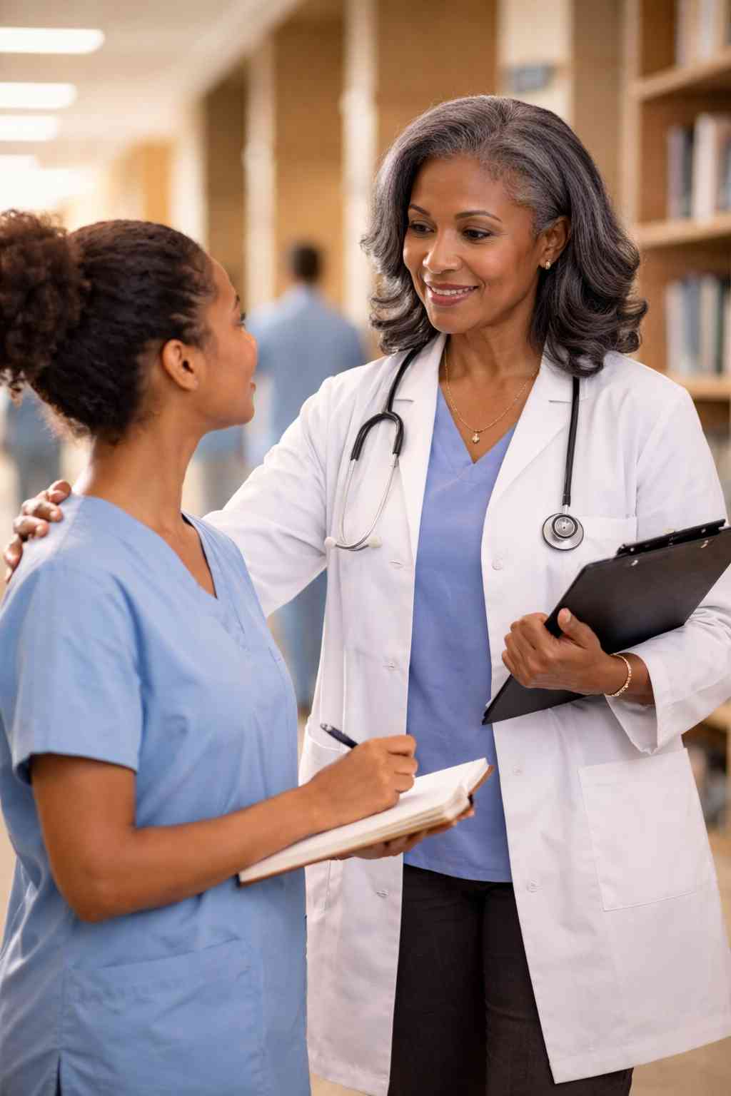A senior doctor mentor with a stethoscope smiles and talks with a younger nurse holding a notebook in a hospital hallway, illustrating a supportive mentoring conversation.