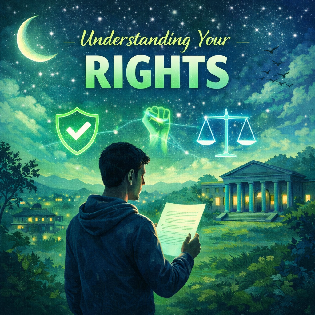 Green and blue-toned digital illustration of a person standing outdoors at night reading a glowing document, with a courthouse in the background under a starry sky and crescent moon. Floating neon-style icons-a shield with a checkmark, a raised fist, and scales of justice-appear above, while bold gradient text reads 