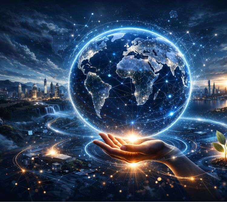 Graphic image of the world in the palm of a hand, under a night sky with a setting sun