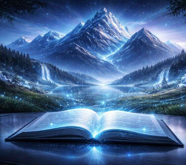Graphic image of an open book with mountains in the background, in dark blue tones