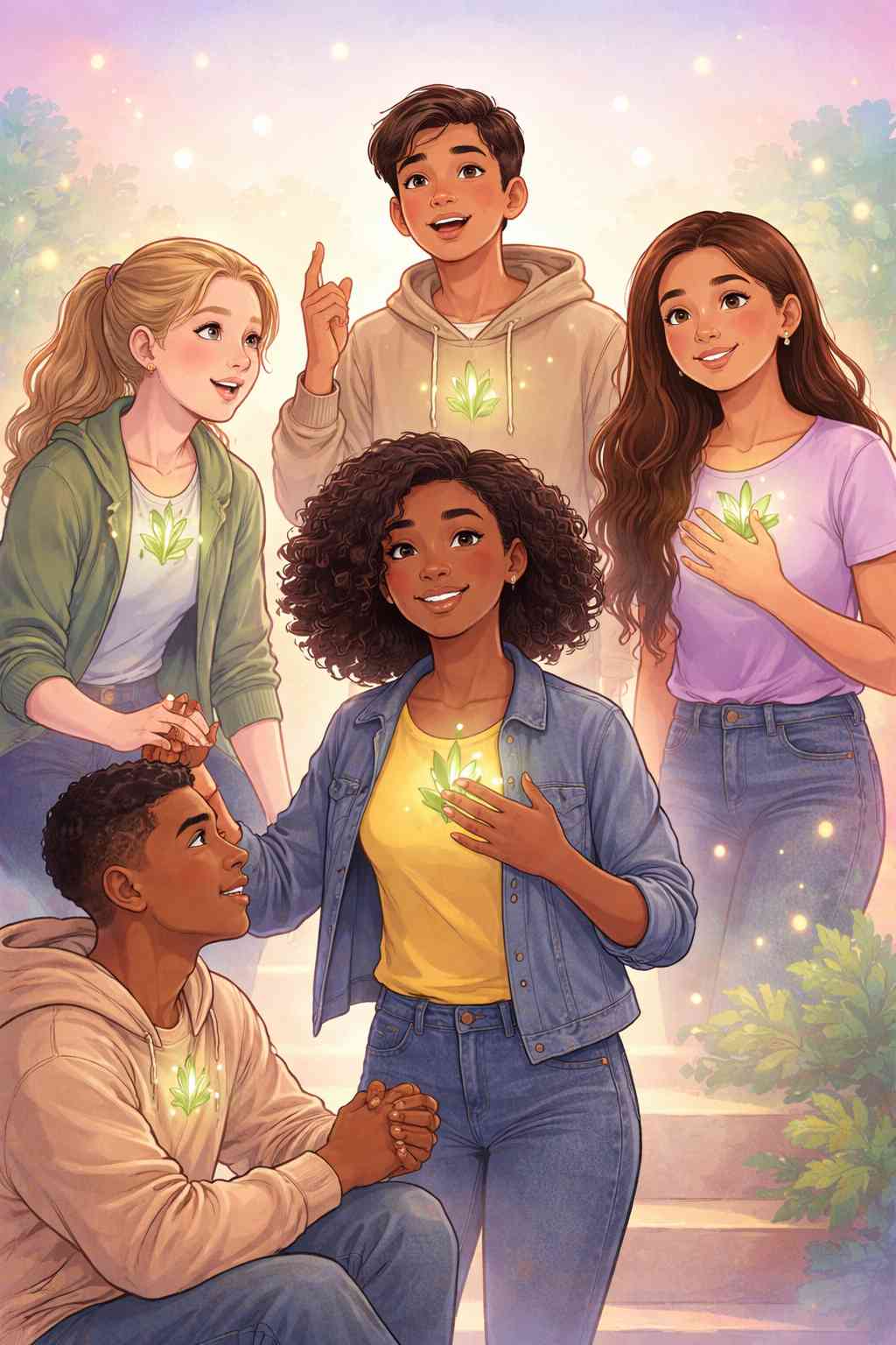 Five diverse young people stand together, smiling and supporting each other, with glowing plants growing from their hearts to symbolize mental health, growth, and empowerment.