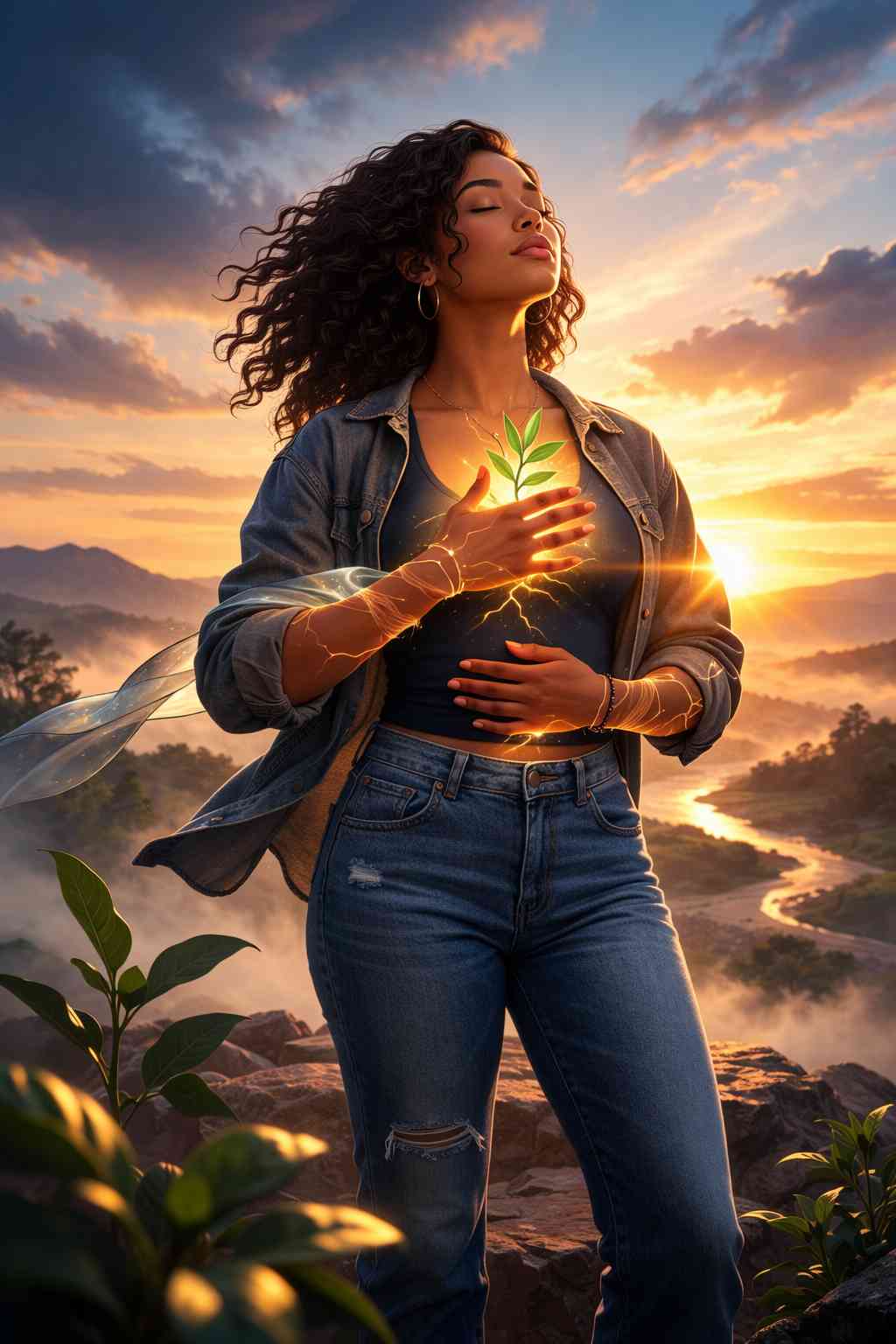 A woman stands on a hilltop at sunrise holding a glowing green sprout to her chest, eyes closed, symbolising inner strength and personal growth.