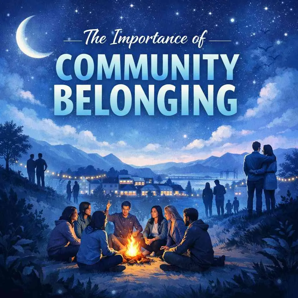 Cool-toned digital illustration of a diverse group of people sitting around a glowing campfire on a hill at night, overlooking a warmly lit town under a starry sky with a crescent moon. Large gradient text reads 