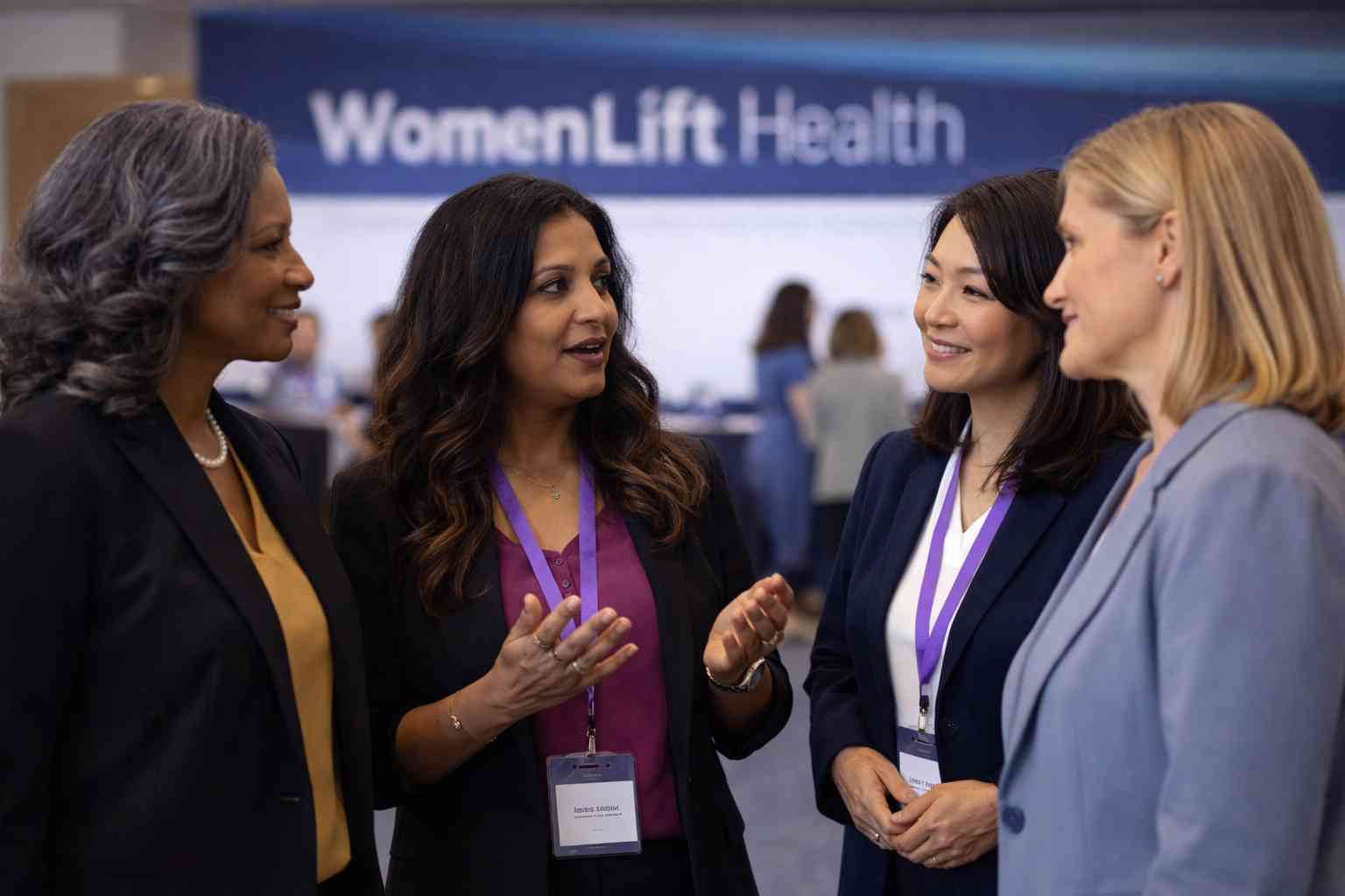 Four women in business attire chat warmly at a WomenLift Health leadership conference, wearing name badges and lanyards in front of a WomenLift Health event banner.