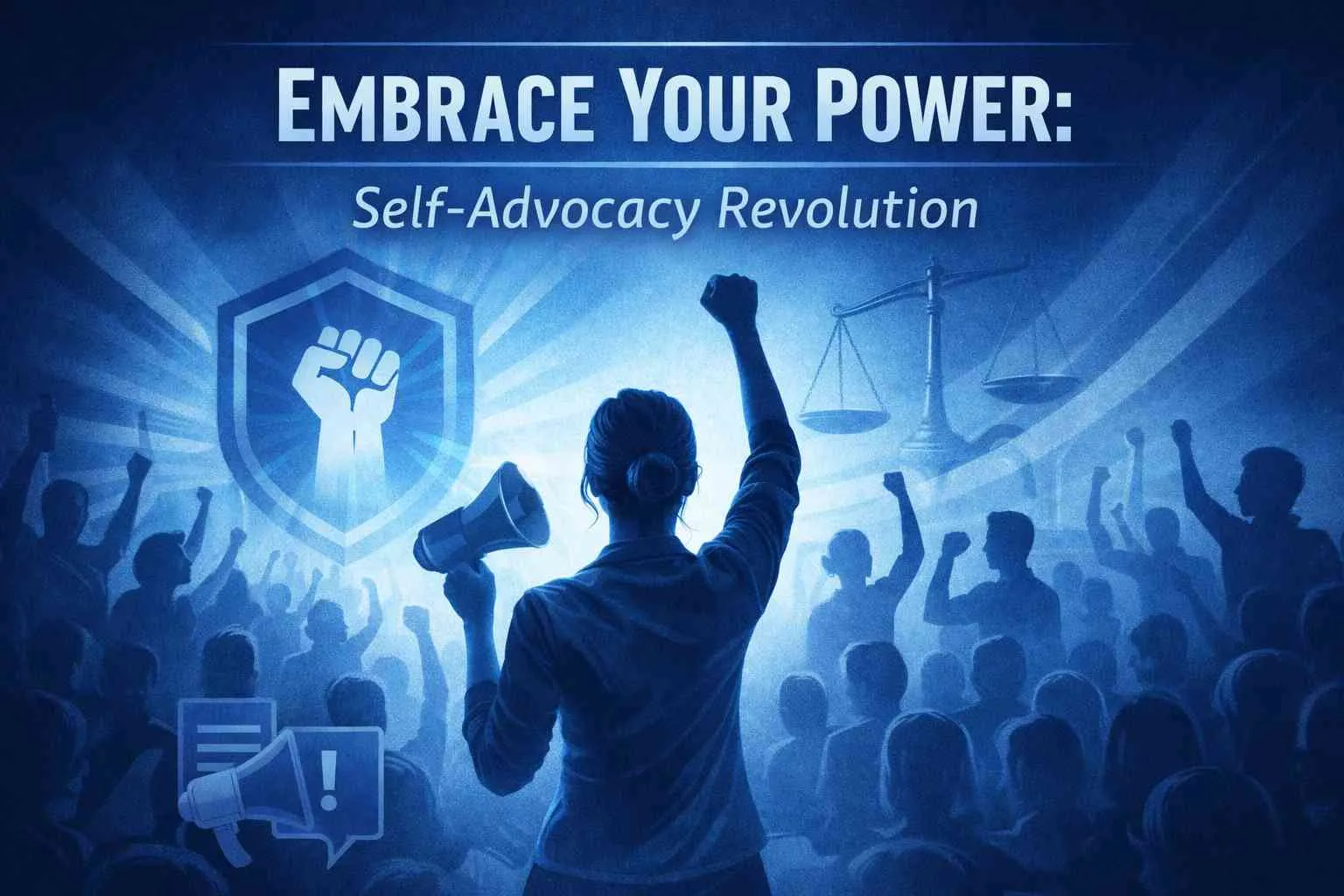 A cool blue graphic titled “Embrace Your Power: Self-Advocacy Revolution.” A central figure raises a fist and holds a megaphone before a crowd with raised fists. Justice scales and a shield with a raised fist appear in the background, symbolizing empowerment, unity, and advocacy.
