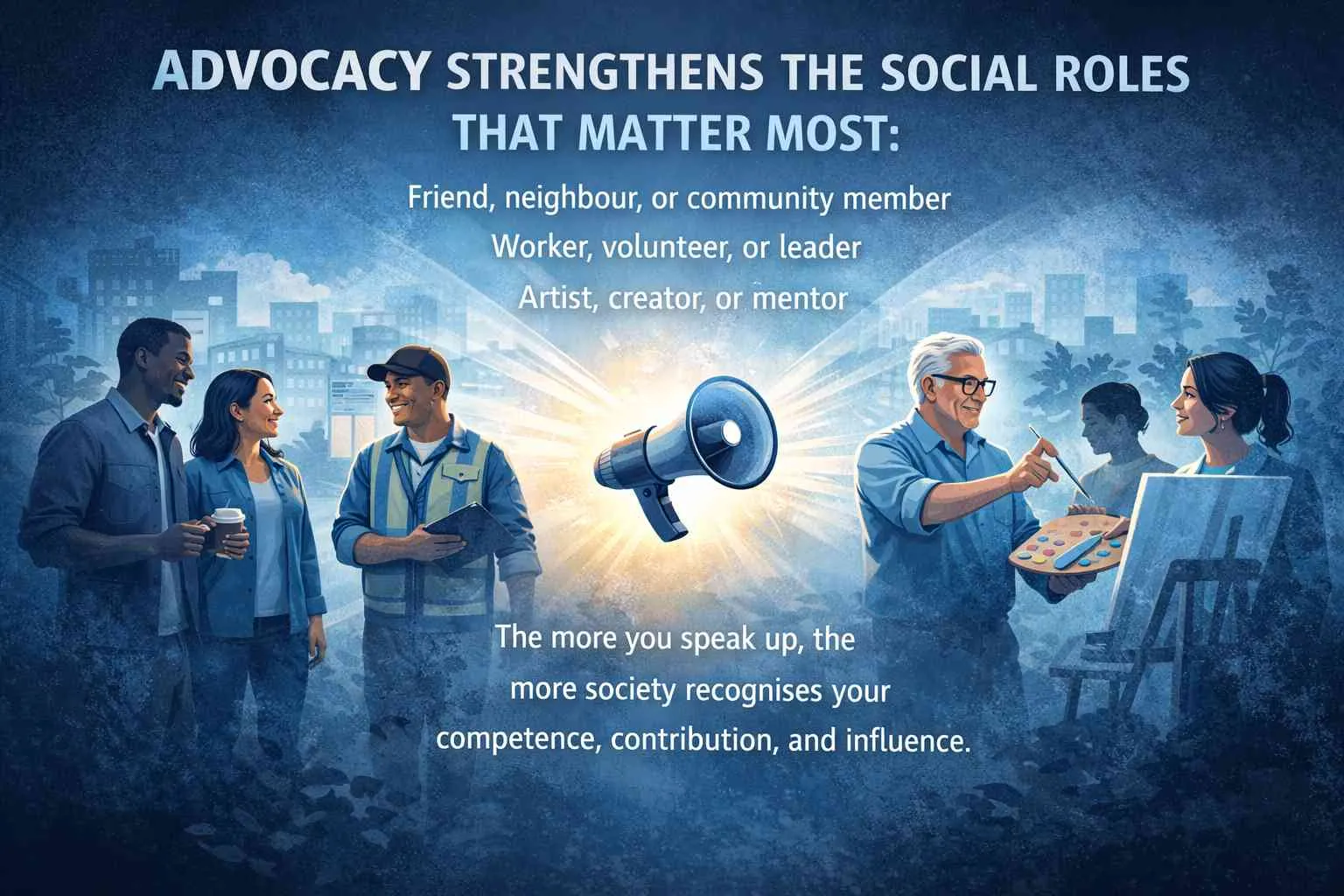 Graphic reading 'Advocacy strengthens the social roles that matter most: friend, neighbour, or community member, worker, volunteer, or leader, artist, creator, or mentor. The more you speak up, the more society recognises your competence, contribution, and influence.'