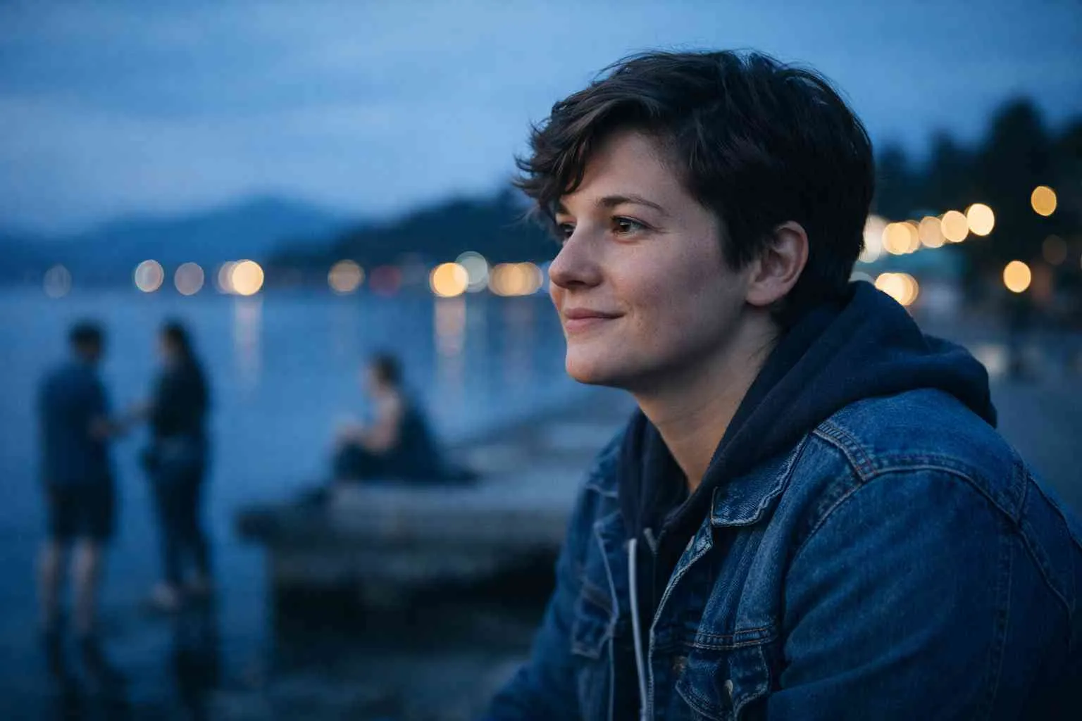 A young adult with short hair sits by a waterfront at dusk, wearing a denim jacket and hoodie, looking thoughtfully toward the distance as soft blue evening light and blurred city lights reflect on the water behind them, creating a calm and reflective atmosphere.