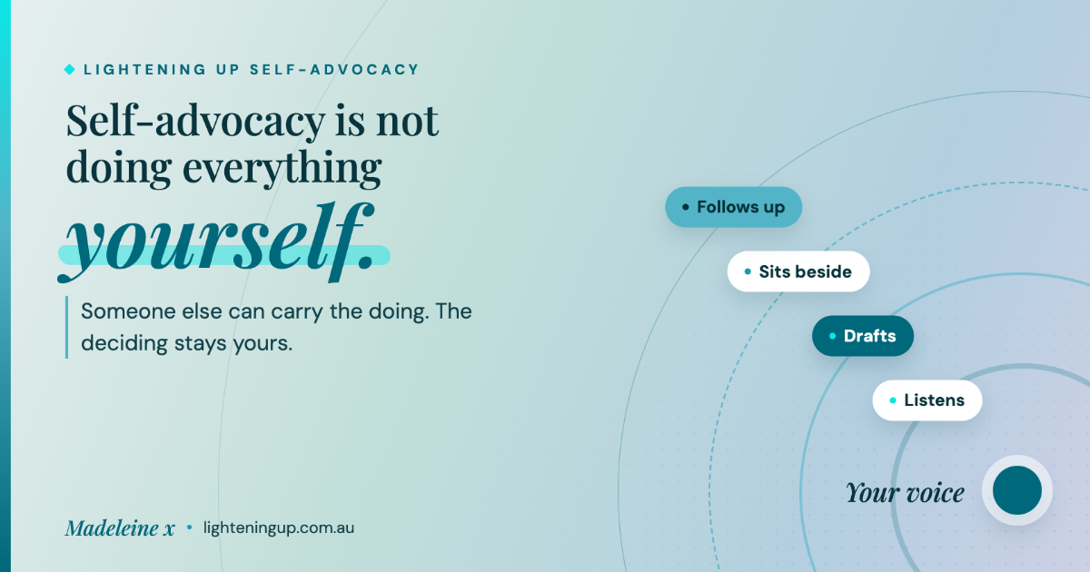 "Soft blue-green graphic with the words 'Self-advocacy is not doing everything yourself.' Beside it, a small dark teal dot labelled 'Your voice' sits at the centre of widening circles, with labels on the rings reading Listens, Drafts, Sits beside and Follows up. Below the headline: 'Someone else can carry the doing. The deciding stays yours.' Signed Madeleine x, lighteningup.com.au."