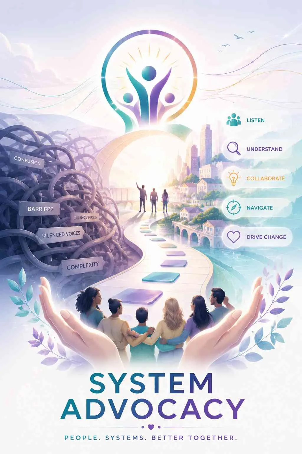 System Advocacy illustration showing people overcoming complex system barriers through listening, understanding, collaboration, navigation, and positive systems change.