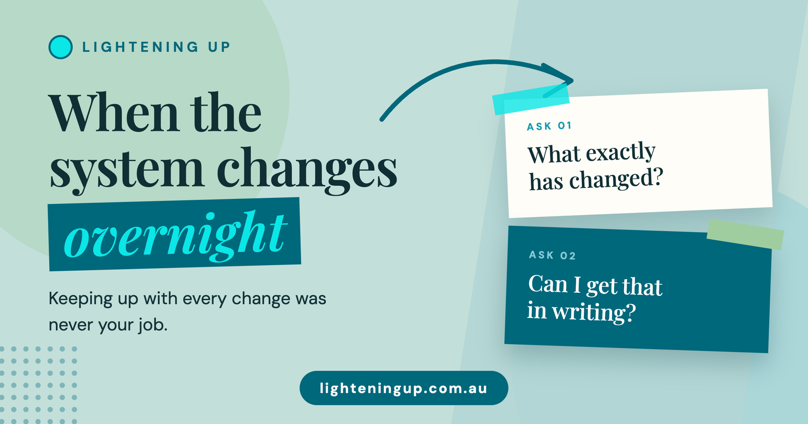 "Lightening Up graphic, teal and cream, reading When the system changes overnight, keeping up with every change was never your job. Two cards beside it read Ask 01: What exactly has changed? and Ask 02: Can I get that in writing?"