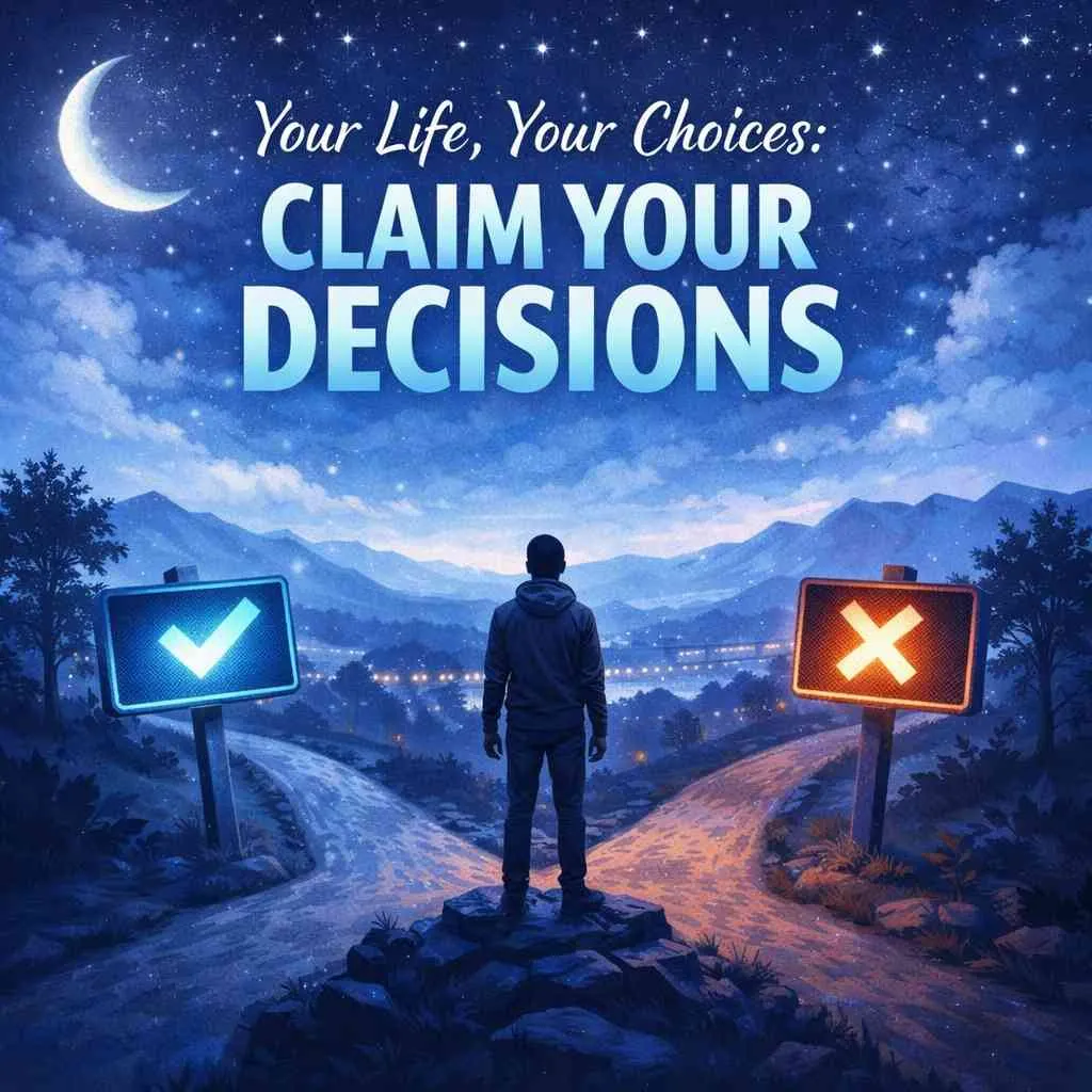 Illustration of a person standing at a crossroads at night beneath a crescent moon, with a checkmark sign to one side and a cross sign to the other, reading 'Your Life, Your Choices: Claim Your Decisions'